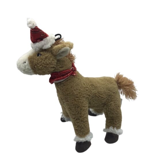 Plush Brown Horse Squeaker Dog Toy Red Bandana & Santa Hat 10" Tall - Picture 2 of 7